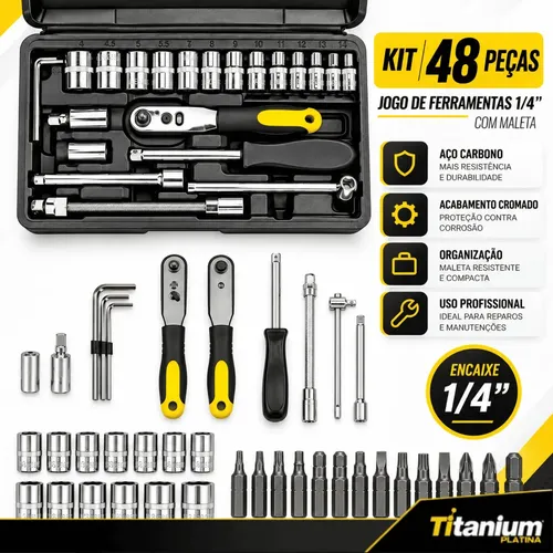 Kit Jogo De Ferramentas Com Maleta 48 Peças Titanium Platina