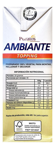 Pack 4 Un. Crema Vegetal Puratos Ambiante 1 Lt. (vegana)