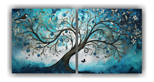 160x80cm Cuadro Moderno Árbol Turquesa Y Plateado Flores