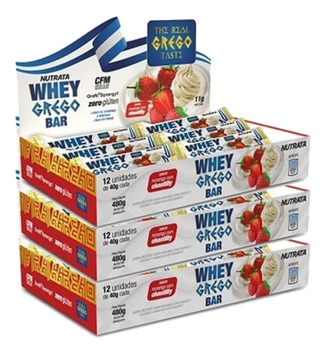 3x Whey Bar Grego - Caixa Com 12 Unidades Cada - Nutrata Sabor Morango C/ Chantilly