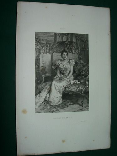 Grabado Antiguo Original Francia Tofano Retrato Dama Sentada
