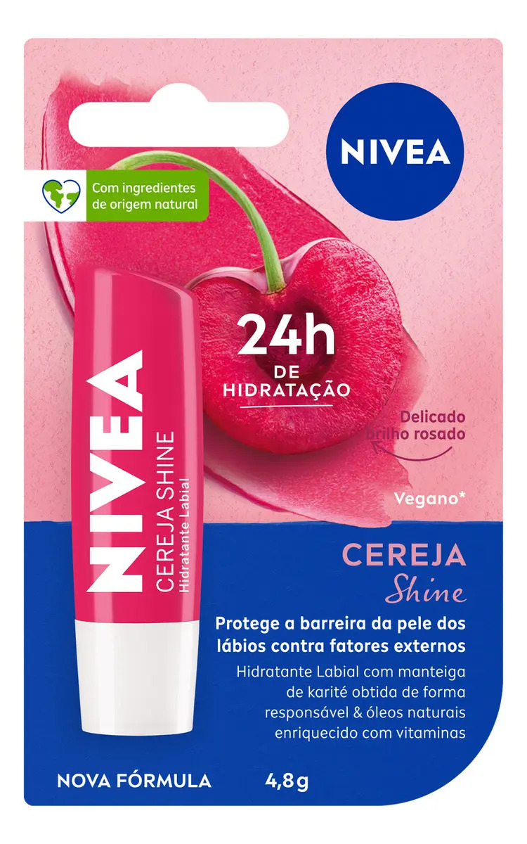 NIVEA Hidratante Labial Cereja Shine 4,8g, BBB 26, Hidratação Intensa 24h, Cor Suave, Brilho Delicado, Cuidado Diário, Manteiga de Karité