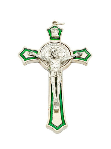 Imagem 1 de 4 de Crucifixo São Bento Prateado - Detalhe Em Resina Verde