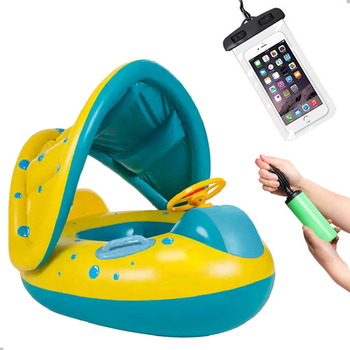 Kit Boia Piscina Criança + Bomba Manual E Capa Prova D'água Cor Azul