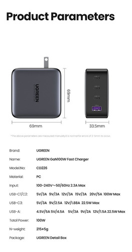 Cargador De Pared Ugreen Carga Rapida 100w Gan 3 Usb C 1 Usb Negro