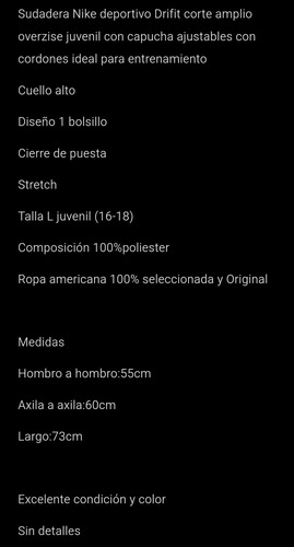 Sudadera Deportiva Overzise Nike Drifit L (juvenil 16-18) (Usado)