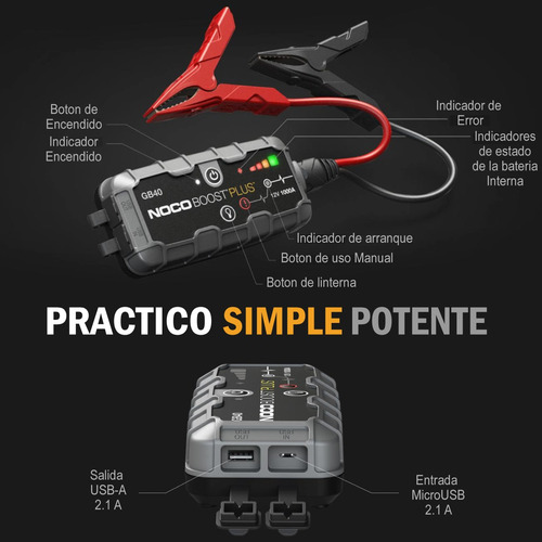 Imagen 6 de 10 de Arrancador Portatil Auto Power Bank Cargador Usb Noco 1000a