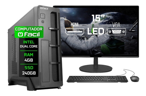 Imagem 1 de 4 de Pc Completo Fácil Slim Intel 4gb Ssd 240gb Monitor 15'' Hdmi