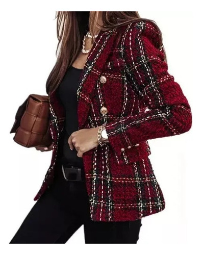 Chaqueta De Tweed Tipo Blazer A Cuadros De Manga Larga Para Mujer