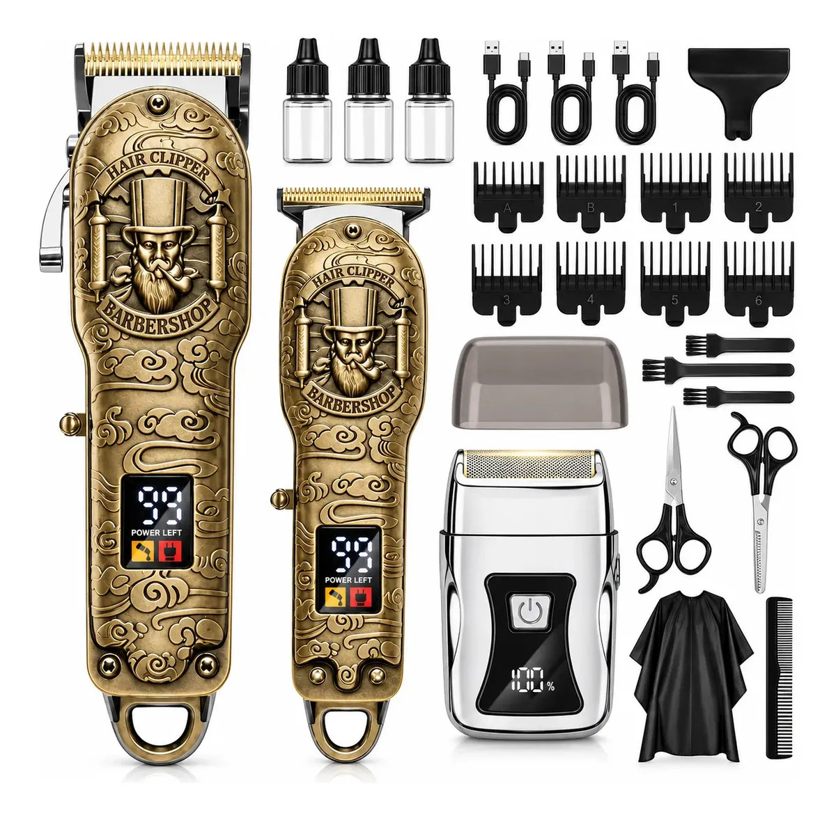 Kit de Barbería Profesional 3 en 1 con Cortadora de Cabello, Trimmer y Afeitadora, Inalámbrico, Dorado