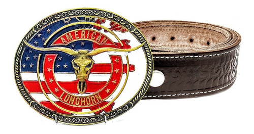 Fivela Country Redonda American Longhorn Cinto Cowboy Couro