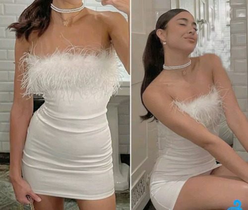 Vestido Corto,color Blanco, Plumas En Parte Superior 