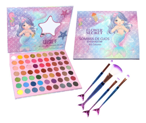 Paleta De Sombras Sirena 63 Colores + Set De Brochas Sirena