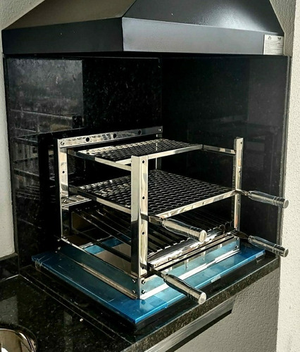 Kit Suporte Churrasqueira Bancada+ Grelha+ Espeto Inox 50x50