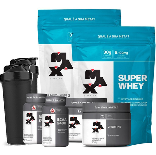 Combo 2x Whey Protein + 2x Bcaa +  2x Creatina - Max Titanium + 2x Shaker