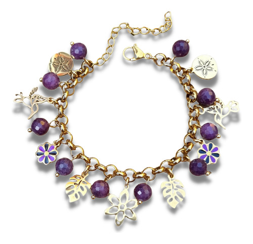 Pulsera Acero Quirúrgico Dorado Piedra Natural Zafiro Morado