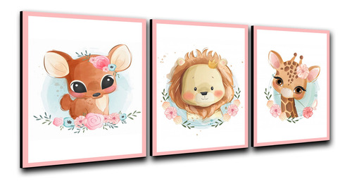 Imagen 2 de 3 de Triptico Cuadros Niños 40x30 Cms Set11 Venado Jirafa Leon