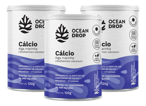 3x Cálcio De Algas Marinhas 1000mg Ocean Drop 120 Tabletes Sabor Sem Sabor