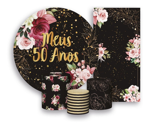 Kit Painel Festa + Trio Capa + Faixa - Floral Meus 50 Anos