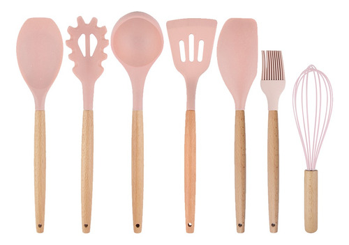 Kit Colher Fue 7 Utensílios De Silicone E Madeira Rosa Rosê