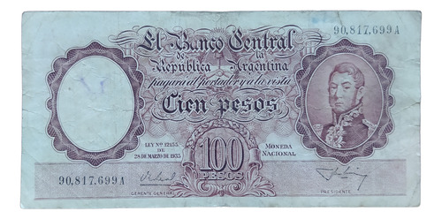 Antiguo Billete 100 Pesos Moneda Nacional Bott 2046 1956