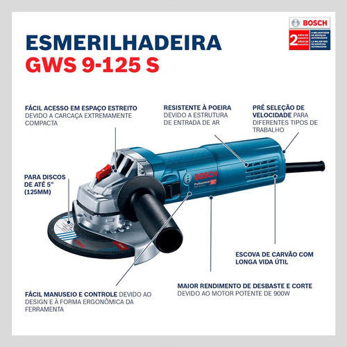 Esmerilhadeira 5 Pol 900w Gws 9-125 Cont Veloc. 220v - Bosch