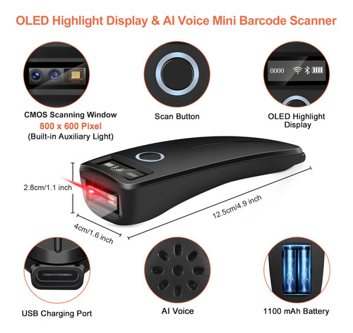 Mini Escáner De Códigos De Barras Bluetooth 2d/1d Con Pantal