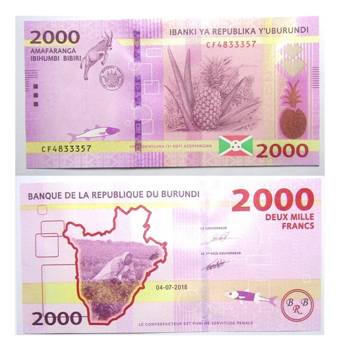 Burundi Billete 2000 Francos 2018 Pick 52 Unc Sin Circular