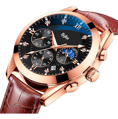 Reloj Cuero Cronometro Real Fechador Original Impermeable Color de la correa Negro