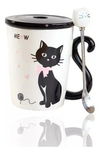 Tazón De Gato Con Mango Cola De Gato +tapa Y Cuchara Mug Cat