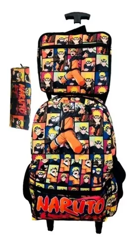 Kit Mochila De Rodinhas Grande Menino Naruto Aula + Toalha