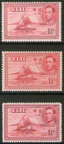 Fidji Is. (fiyi) 3 Sellos Canoa, En La 1° Sin Nativo 1938-55