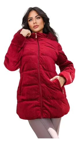 Jaqueta Parka Feminina Veludo Peluciada Com Capuz Vermelho