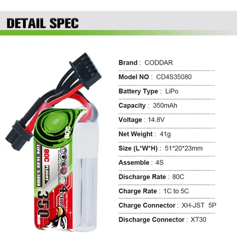 Coddar 2 Paquetes 4s 350mah Lipo 14,8v 80c Bateria Lipo Con