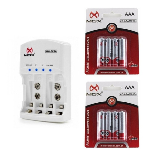 Imagem 1 de 1 de 8 Pilhas Recarregável Mox Aaa + Carregador Rápido Bivolt