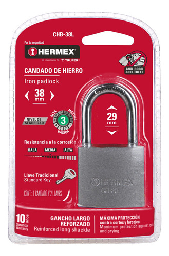 Candado De Hierro, 38mm, Gancho Largo, 43326 Color Gris
