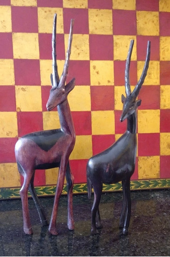 Adorno Figuras De Antilopes Impalas En Madera En Buen Estado