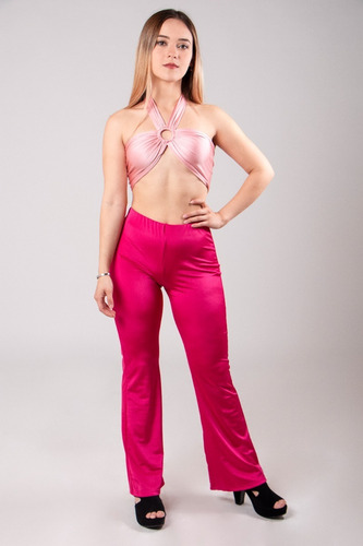 Pantalón Mujer Acampanado Tiro Alto En Lycra Fucsia Moda