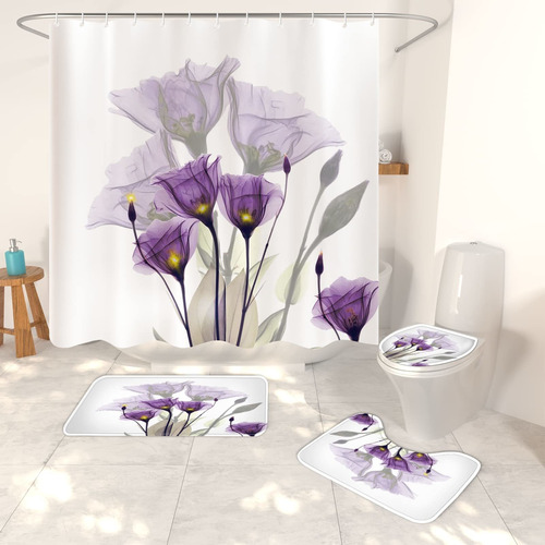 Dexsawoi Juego 4 Cortina Ducha Tulipane Morado Baño Punto 12