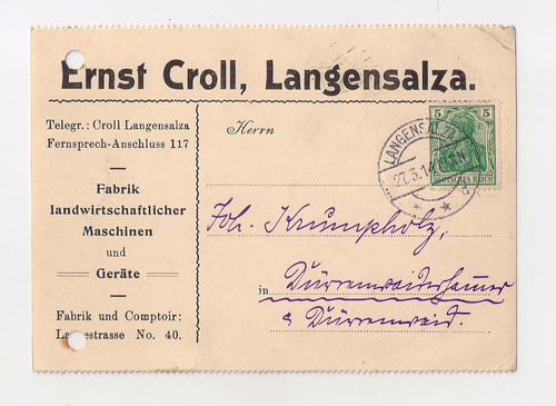 Alemania Tarjeta Comercial Circ. 1914 Desde Langensalza 