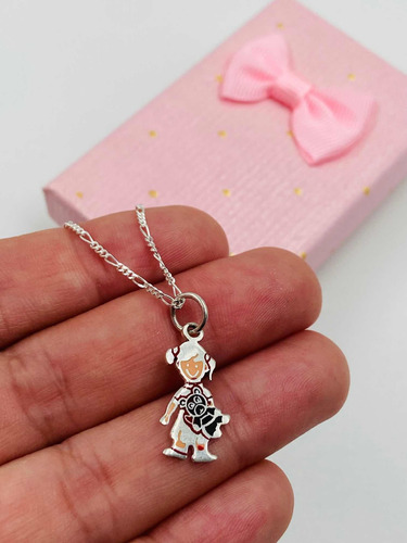 Colgante De Plata 950 Esmaltado Diseño Niña Hija Con Osito