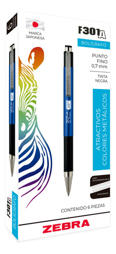 Zebra F-301 A Bolígrafo Retráctil 0.7 Mm Caja 6 Piezas Azul Negro