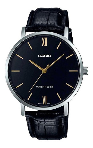 Reloj pulsera Casio Reloj LTP-VT01L-1BUDF de cuerpo color dorado, analógico, para mujer, fondo negro, con correa de cuero geniuno color, bisel color negro