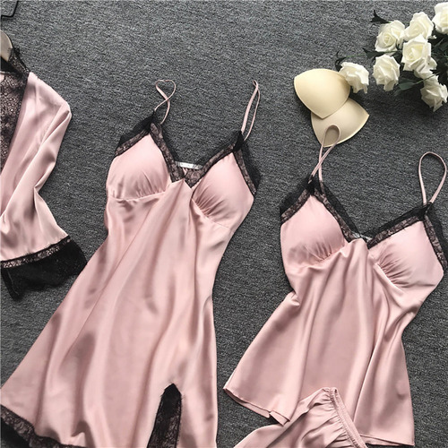 Conjunto De Pijama Babydoll Con Bata De Encaje De Seda Para