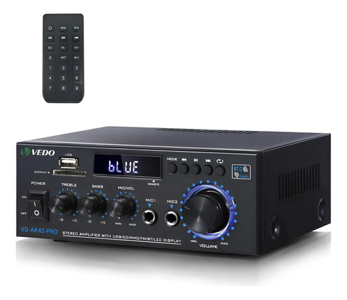 VEDO Ak45pro Amplificador Estéreo Bluetooth Rms 50w*2 Máxima 400w*2,com Remoto Preto