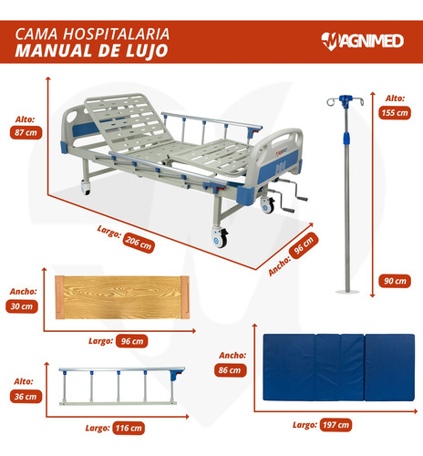 Cama Hospitalaria Manual C/ Porta Suero, Colchón Y Mesa