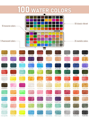 Kit De Acuarela 100 Colores Con Macarrón Metálico Y Fluoresc