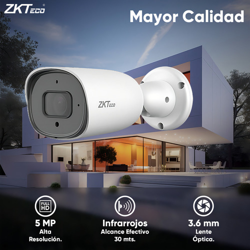 Zkteco Cámara Ip Bullet 5 Mp Metálica Con Micrófono Integrado Modelo Bs855p22cs7mi / Poe / Lente 3.6mm Ir 30mts Con Detección Facial / Compresión H.265 / Protección Ip67 / Video Vigilancia
