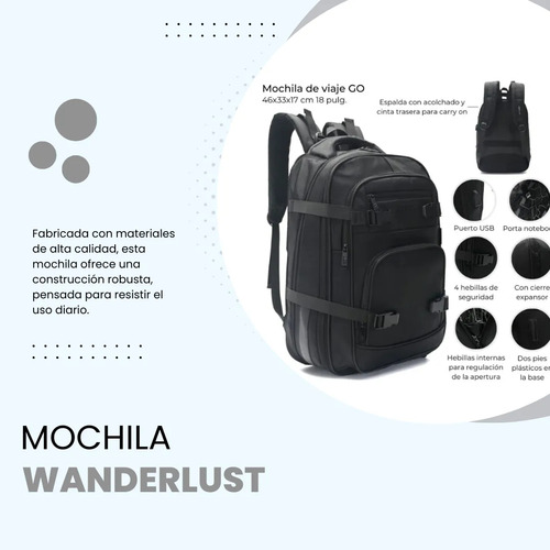 Mochila Wanderlust Go 18 Pulgadas Para Viaje Trabajo Universidad Con Puerto Usb Porta Notebook Cinta Para Carry On Hebillas Laterales Y Compartimento Expandible Espalda Acolchada