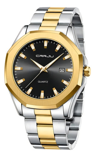 Reloj deportivo Crrju Calendar luminoso de acero inoxidable con fondo negro dorado plateado